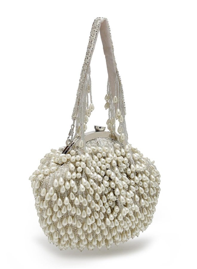Anekaant Droop Pearl & Off White Pearl Embellished Faux Silk Clutch - Image 5