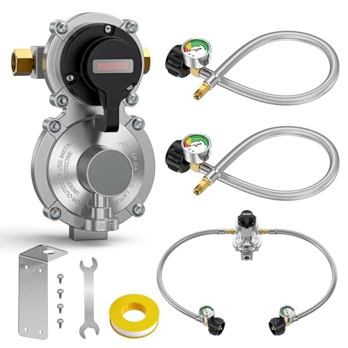 Alloxity 2-Stage Auto Changeover Rv Propane Regulator 2 Tank 18" Inch LP Pigtail Propane Hose with Gauge, QCC1 Dual Propane Tank Hose with Regulator Pressure, 3/8" NPT Female Outer, for rv Trailer - Image 1
