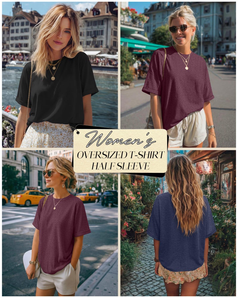 Riyiper 3 Pack Women's Oversized T-Shirt Half Sleeve Summer Tees Casual Loose Fit Crew Neck Basic Tops(Black, Navy Blue, Wine Red,Large) - Image 2