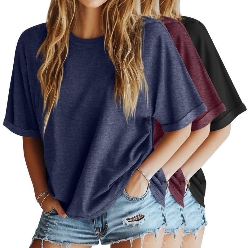 Riyiper 3 Pack Women's Oversized T-Shirt Half Sleeve Summer Tees Casual Loose Fit Crew Neck Basic Tops(Black, Navy Blue, Wine Red,Large) - Image 1