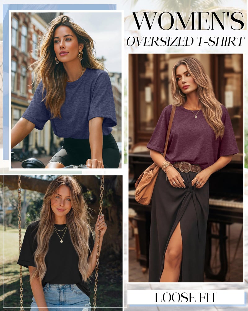Riyiper 3 Pack Women's Oversized T-Shirt Half Sleeve Summer Tees Casual Loose Fit Crew Neck Basic Tops(Black, Navy Blue, Wine Red,Large) - Image 3
