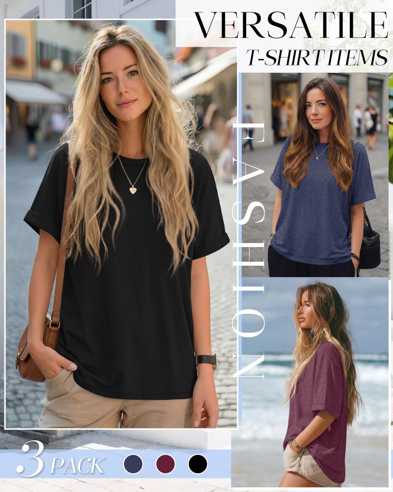 Riyiper 3 Pack Women's Oversized T-Shirt Half Sleeve Summer Tees Casual Loose Fit Crew Neck Basic Tops(Black, Navy Blue, Wine Red,Large) - Image 5