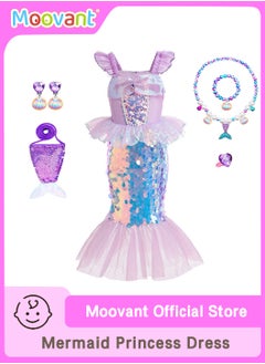 5PCS Girls Mermaid Princess Costume, Sequin Party Dress Children Princess Dress with Necklace Accessories, Halloween Birthday Role Playing Cosplay Costume for 110cm Height Girls
