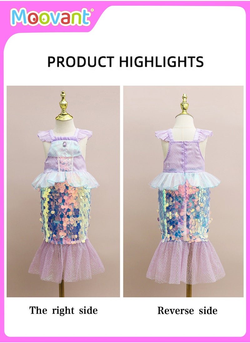 Moovant - 5PCS Girls Mermaid Princess Costume, Sequin Party Dress Children Princess Dress with Necklace Accessories, Halloween Birthday Role Playing Cosplay Costume for 110cm Height Girls - Image 1