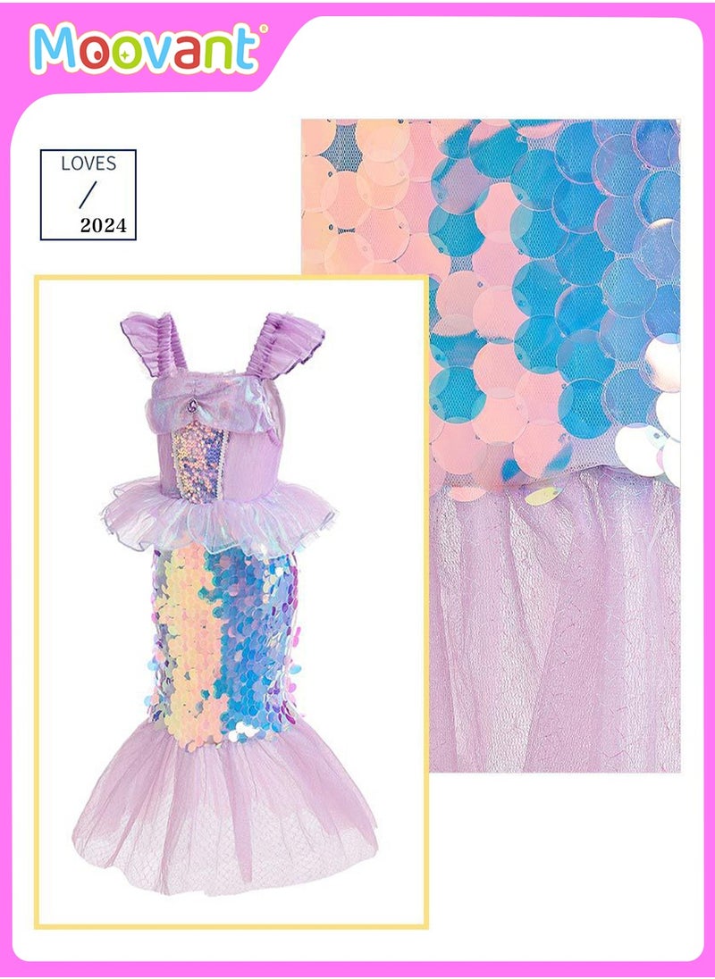 Moovant - 5PCS Girls Mermaid Princess Costume, Sequin Party Dress Children Princess Dress with Necklace Accessories, Halloween Birthday Role Playing Cosplay Costume for 110cm Height Girls - Image 1