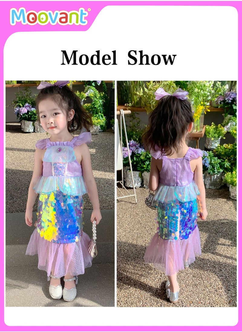 Moovant - 5PCS Girls Mermaid Princess Costume, Sequin Party Dress Children Princess Dress with Necklace Accessories, Halloween Birthday Role Playing Cosplay Costume for 110cm Height Girls - Image 1