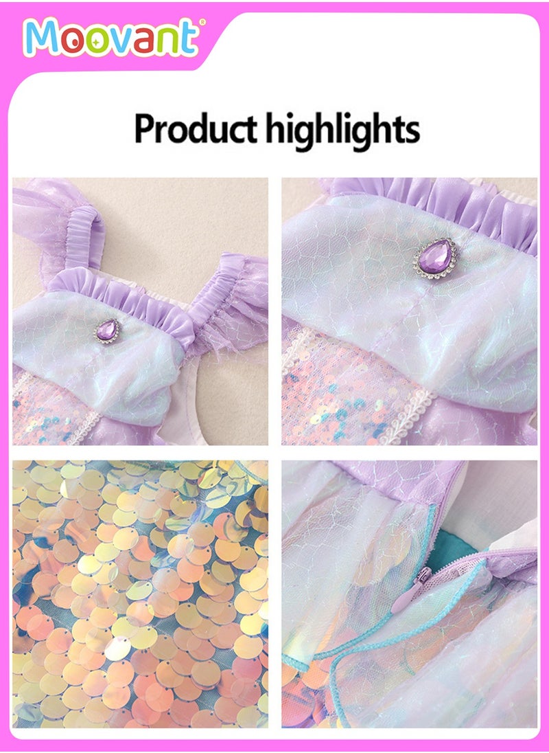 Moovant - 5PCS Girls Mermaid Princess Costume, Sequin Party Dress Children Princess Dress with Necklace Accessories, Halloween Birthday Role Playing Cosplay Costume for 110cm Height Girls - Image 1