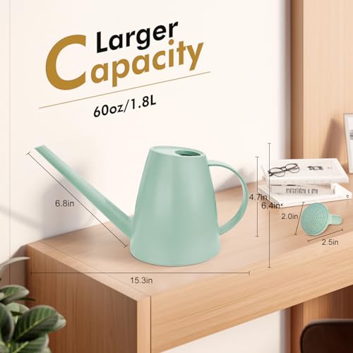 Etarewilt Watering Can for Indoor Outdoor Plants, Modern Small Watering Cans with Removable Nozzle, Long Spout Watering Can for Indoor Bonsai Plants Garden Flowers 1/2 Gallon 1.8L 60OZ (Green) - Image 4