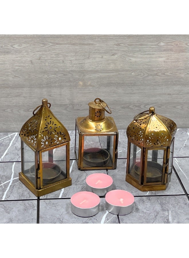 سوق ديزاينز فوانيس عربية - معدن ذهبي مع زجاج عادي، حوامل شموع مغربية، ديكور منزلي لرمضان والعيد، وعيد الميلاد، طراز عتيق مزخرف بثلاثة أشكال، مجموعة من 3 قطع - Image 3