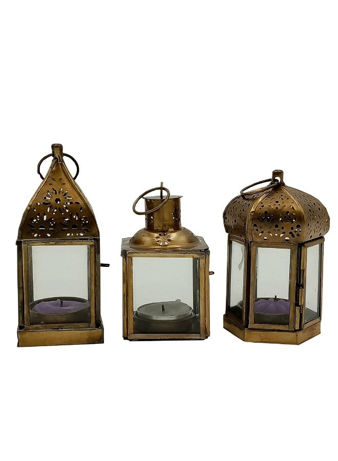 سوق ديزاينز فوانيس عربية - معدن ذهبي مع زجاج عادي، حوامل شموع مغربية، ديكور منزلي لرمضان والعيد، وعيد الميلاد، طراز عتيق مزخرف بثلاثة أشكال، مجموعة من 3 قطع - Image 4