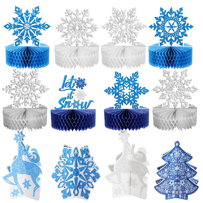 Pajean 12 Pcs Winter Wonderland Party Decorations Snowflake Honeycomb Centerpieces Blue White Let It Snow Table Decors Winter Birthday Party Decor for Xmas Holiday Supplies - Image 2