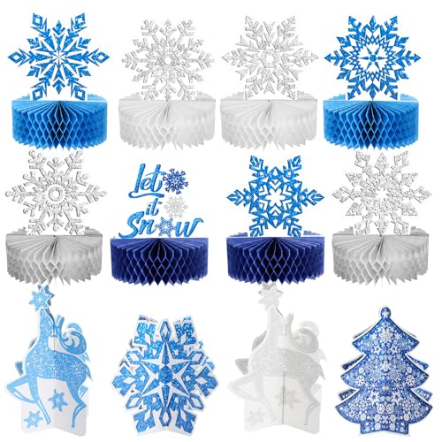 Pajean 12 Pcs Winter Wonderland Party Decorations Snowflake Honeycomb Centerpieces Blue White Let It Snow Table Decors Winter Birthday Party Decor for Xmas Holiday Supplies - Image 1