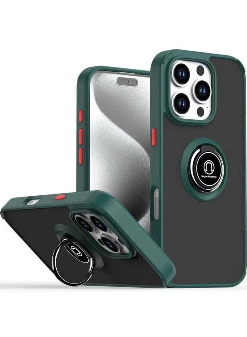 iPhone 16 Case Cover – Green Matte Shockproof Bumper with Metal Ring Holder Kickstand & Car Magnetic Mount - Image 1