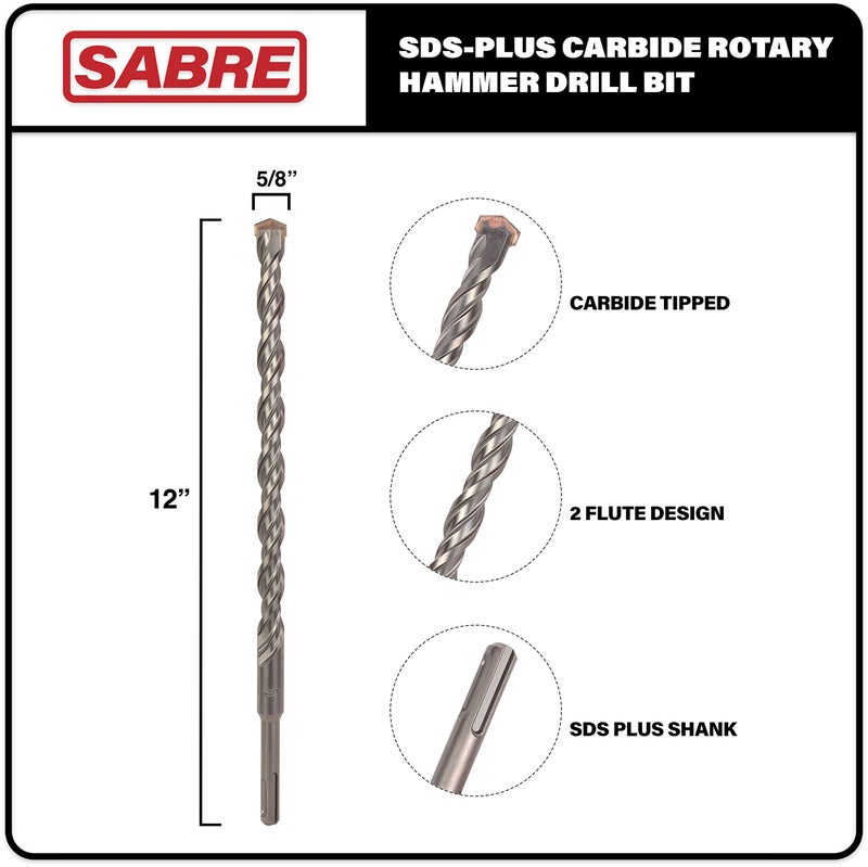 Sabre Tools 5/8 Inch x 12 Inch SDS Plus Rotary Hammer Drill Bit, Carbide Tipped for Brick, Stone, and Concrete Version 2 (5/8" x 10" x 12") - Image 2
