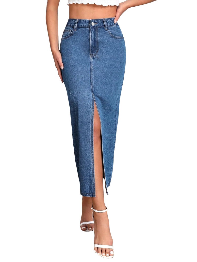 Shasmi Women's Elegant Blue Solid High Waist Split Thigh Denim Maxi Skirt for Women's & Girl's (Skirt 180 Blue-L) - Image 1