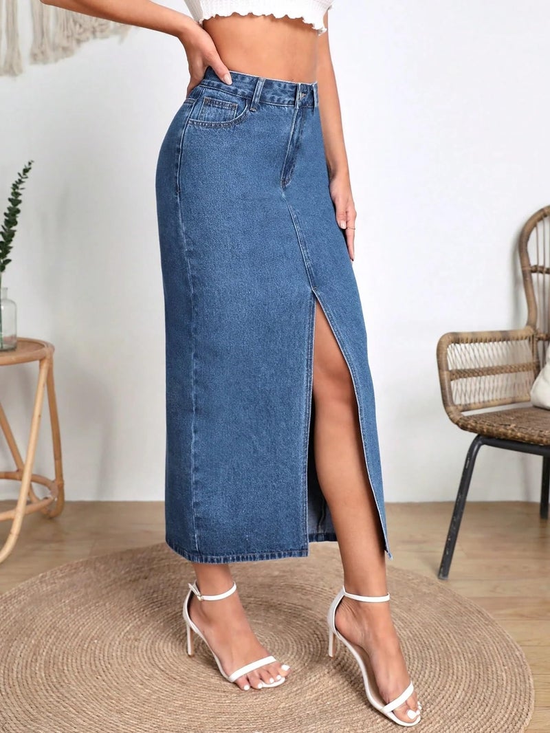 Shasmi Women's Elegant Blue Solid High Waist Split Thigh Denim Maxi Skirt for Women's & Girl's (Skirt 180 Blue-L) - Image 3