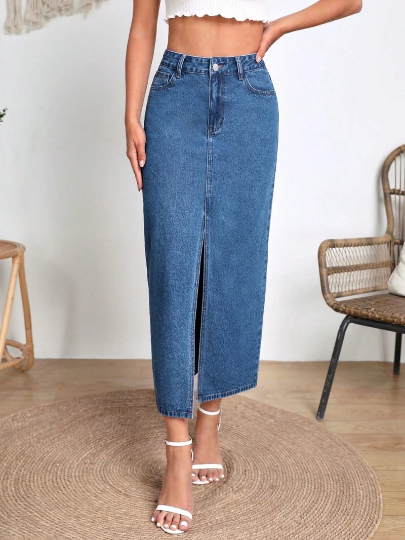 Shasmi Women's Elegant Blue Solid High Waist Split Thigh Denim Maxi Skirt for Women's & Girl's (Skirt 180 Blue-L) - Image 5