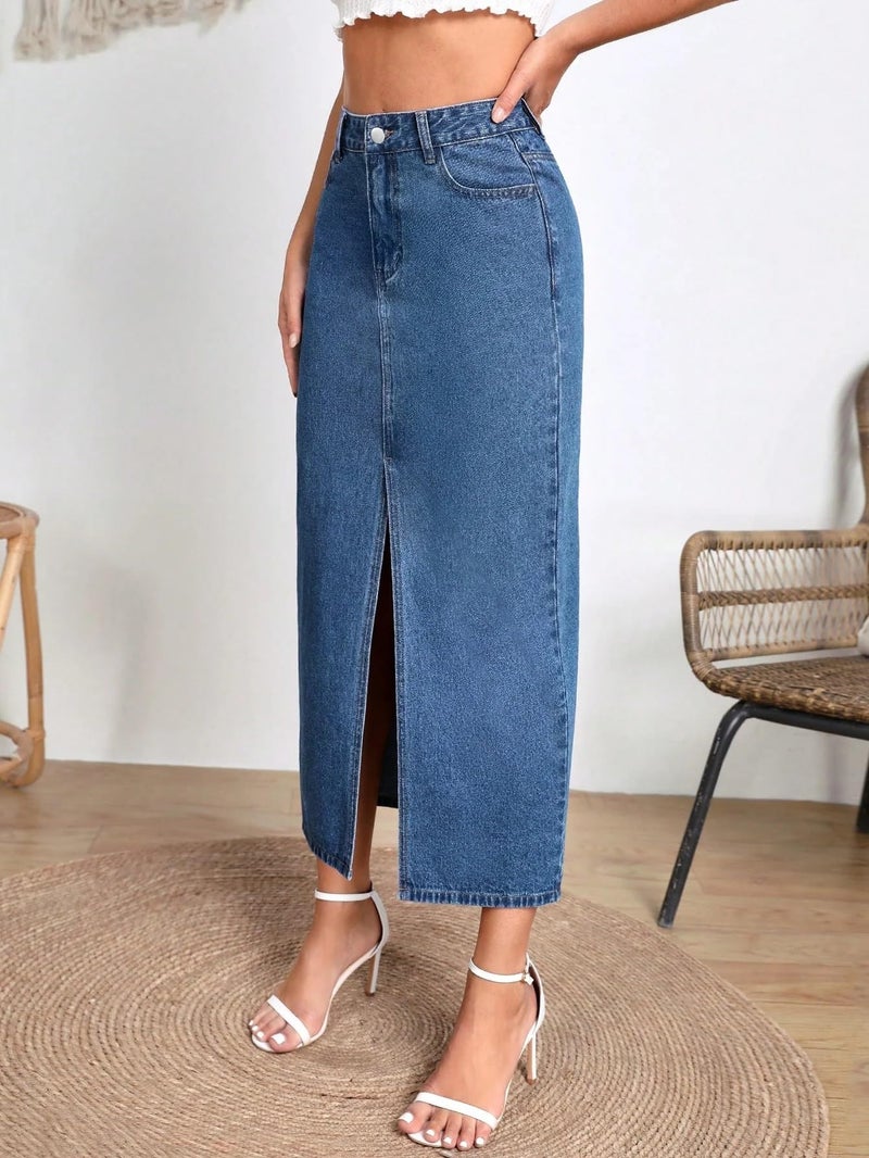 Shasmi Women's Elegant Blue Solid High Waist Split Thigh Denim Maxi Skirt for Women's & Girl's (Skirt 180 Blue-L) - Image 4