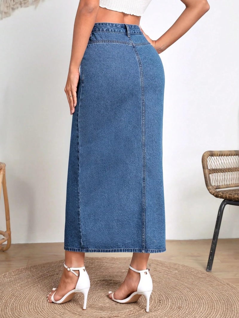 Shasmi Women's Elegant Blue Solid High Waist Split Thigh Denim Maxi Skirt for Women's & Girl's (Skirt 180 Blue-L) - Image 2
