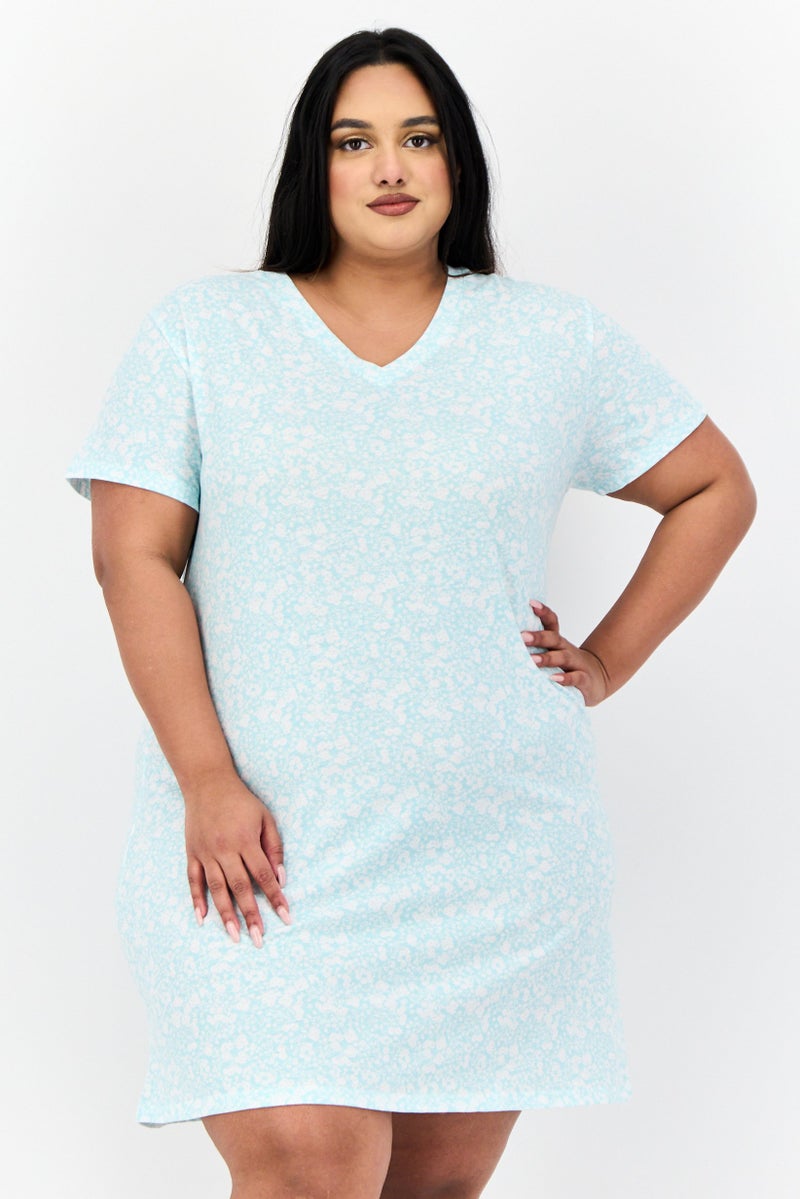 Celestial Dreams Women Plus Size Floral Print Short Sleeves Sleepwear Dress, Blue - Image 1