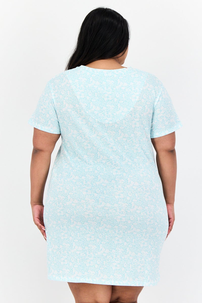Celestial Dreams Women Plus Size Floral Print Short Sleeves Sleepwear Dress, Blue - Image 3