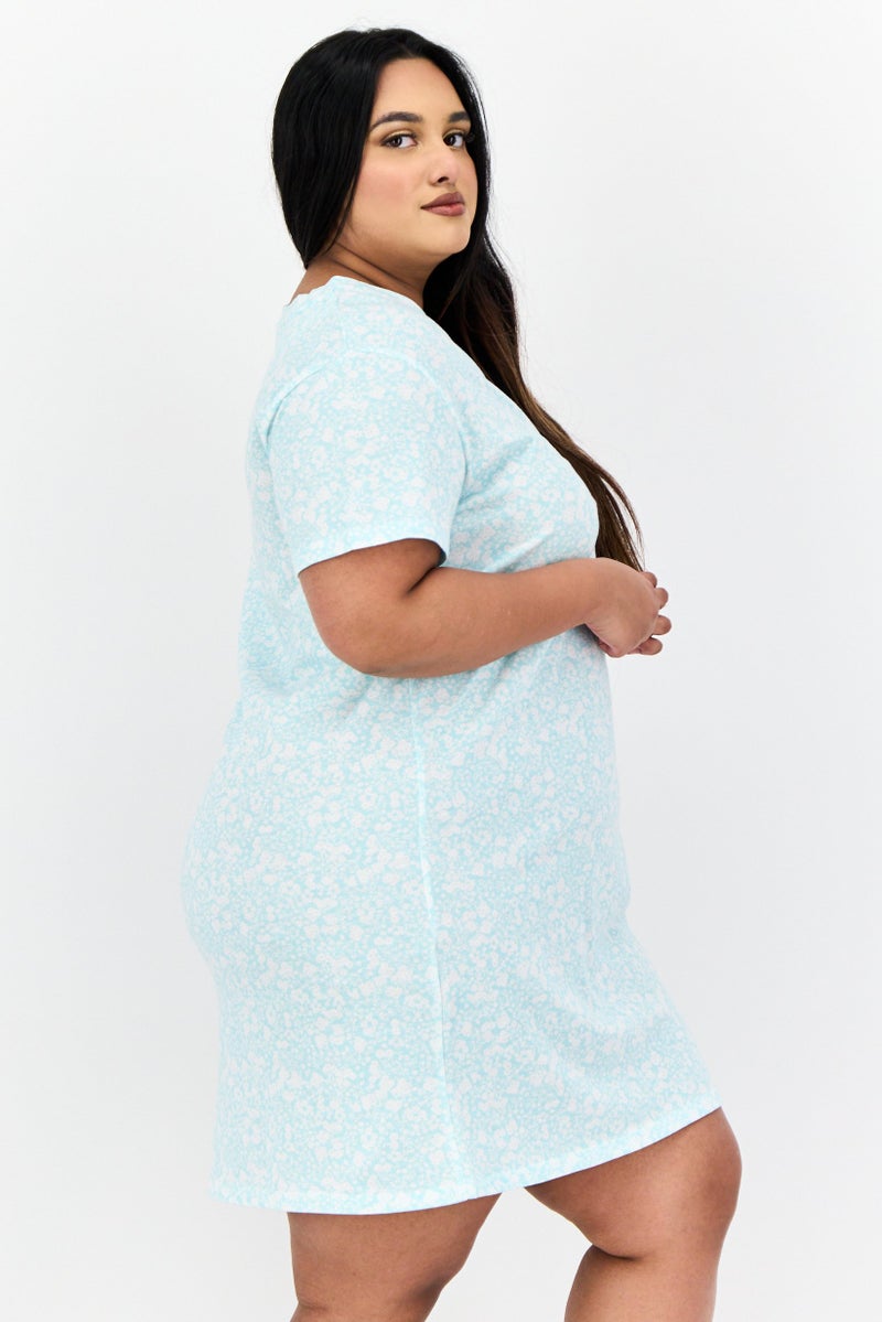 Celestial Dreams Women Plus Size Floral Print Short Sleeves Sleepwear Dress, Blue - Image 2