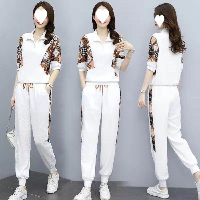 Fashion suit pants womens summer new womens age-reducing foreign-style sports leisure two-piece set a generation of stickers White - Image 1