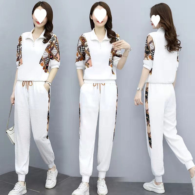 Fashion suit pants womens summer new womens age-reducing foreign-style sports leisure two-piece set a generation of stickers White - Image 5
