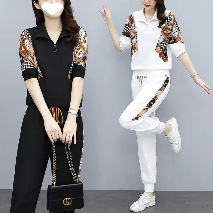 Fashion suit pants womens summer new womens age-reducing foreign-style sports leisure two-piece set a generation of stickers White - Image 2
