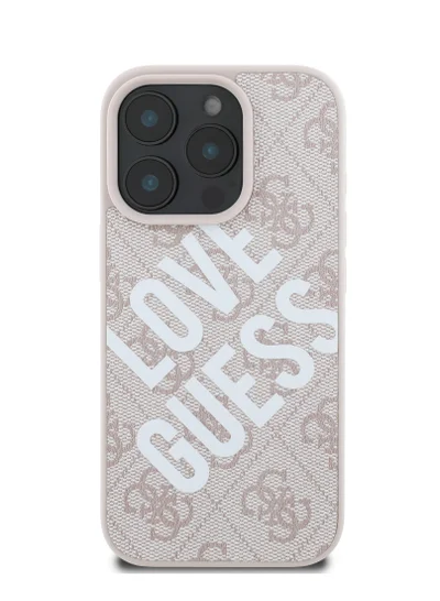 GUESS PU Hard Case with BIG LOVE GUESS Logo for iPhone 16 Pro Max/ Slim Profile/ Easy Snap-On/ Comfortable Grip - Pink