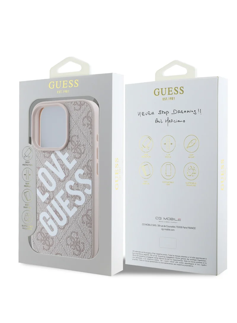 GUESS PU Hard Case with BIG LOVE GUESS Logo for iPhone 16 Pro Max/ Slim Profile/ Easy Snap-On/ Comfortable Grip - Pink