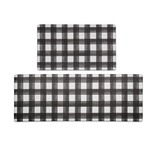 FRESHMINT Modern Farmhouse Plaid 2 Piece Set Kitchen Mats for Floor Anti Fatigue Waterproof NonSkid Kitchen Rugs Cushioned Kitchen Mat for Standing Washable Comfort Desk Kitchen Runners