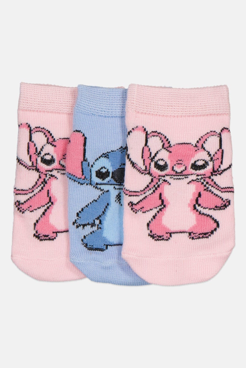 Disney Toddlers Girl 3 Pairs Disney Stitch Graphic Print Ankle Socks, Multicolor - Image 1