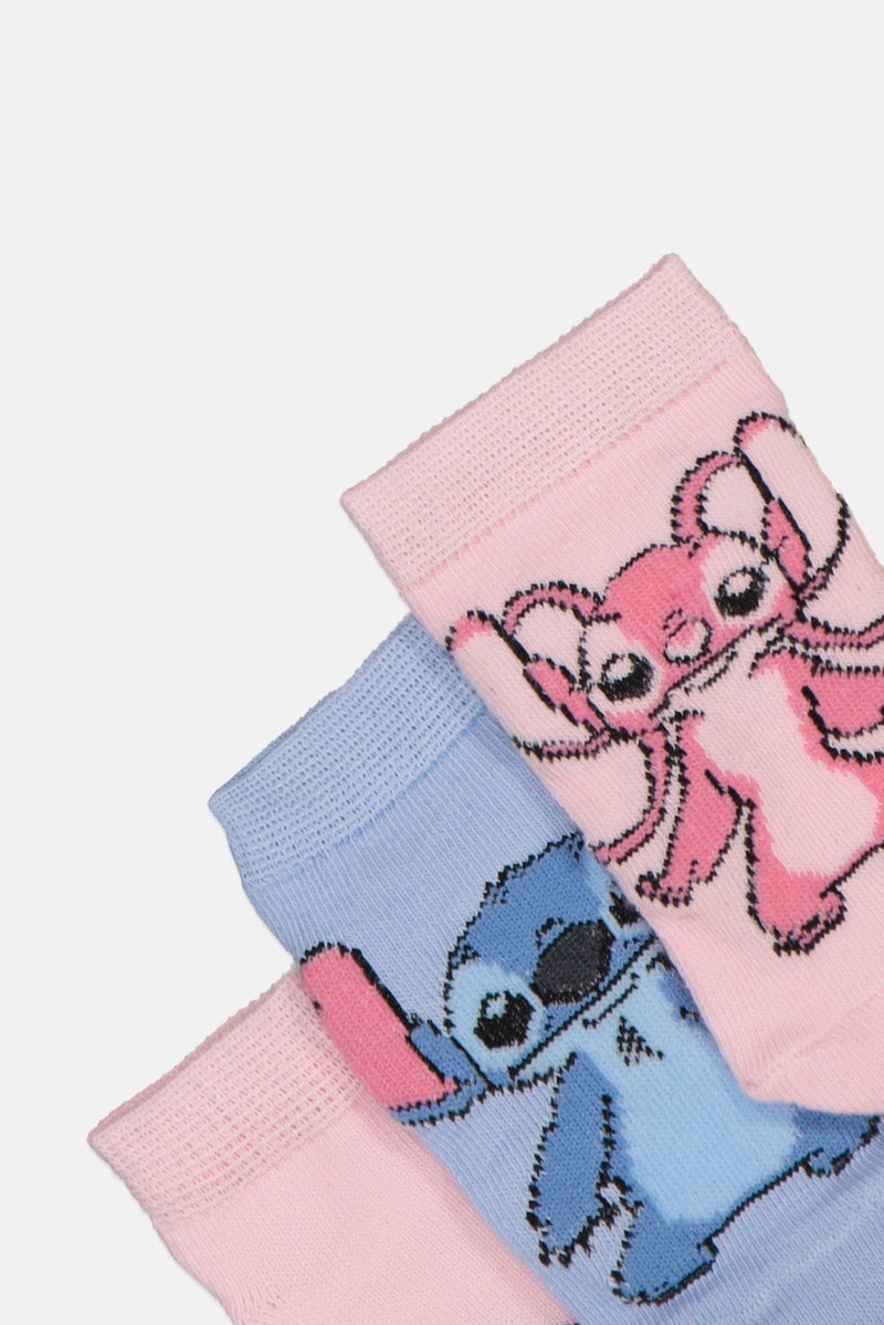 Disney Toddlers Girl 3 Pairs Disney Stitch Graphic Print Ankle Socks, Multicolor - Image 2