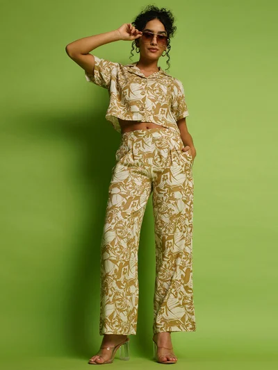 globus Women Beige & Olive Green Abstract Printed Cuban Collar Linen Crop Shirt With Trousers