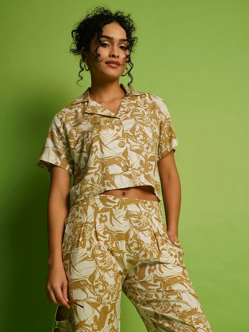 globus Women Beige & Olive Green Abstract Printed Cuban Collar Linen Crop Shirt With Trousers
