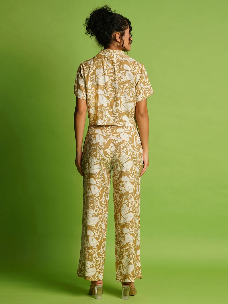 globus Women Beige & Olive Green Abstract Printed Cuban Collar Linen Crop Shirt With Trousers
