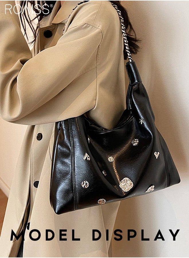 roaiss - Women's Pu Leather Metal Decorative Tote Bag Double Layer Chain Design With Large Capacity Underarm Bag Fashionable And Versatile Buckle Design Handbag - Image 1