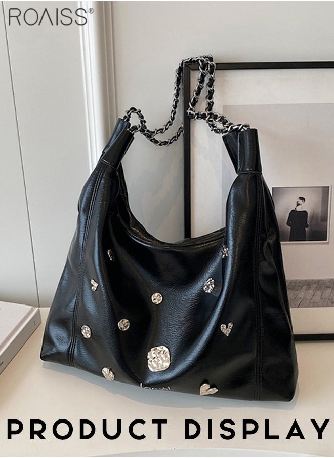 roaiss - Women's Pu Leather Metal Decorative Tote Bag Double Layer Chain Design With Large Capacity Underarm Bag Fashionable And Versatile Buckle Design Handbag - Image 1