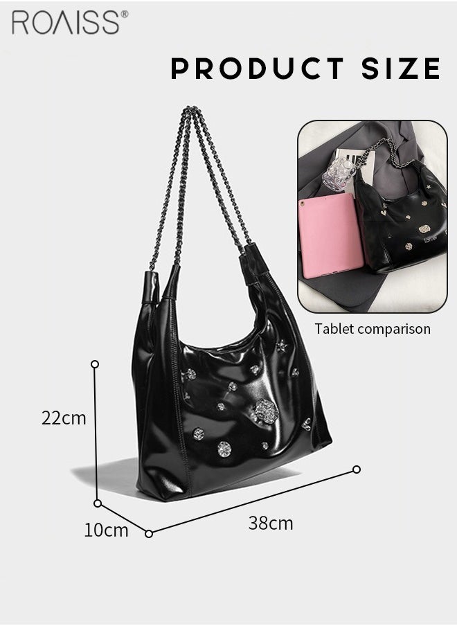 roaiss - Women's Pu Leather Metal Decorative Tote Bag Double Layer Chain Design With Large Capacity Underarm Bag Fashionable And Versatile Buckle Design Handbag - Image 1