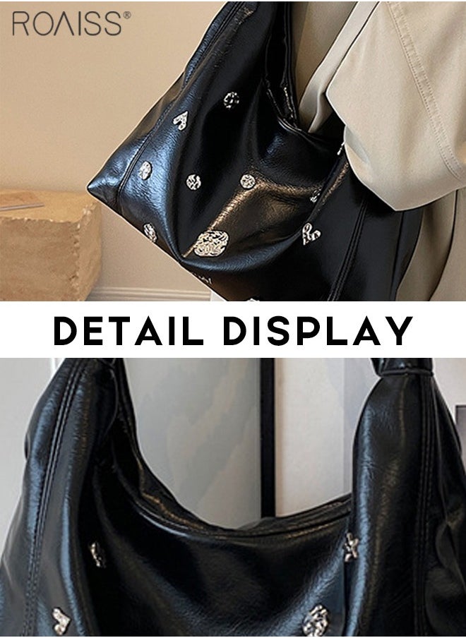 roaiss - Women's Pu Leather Metal Decorative Tote Bag Double Layer Chain Design With Large Capacity Underarm Bag Fashionable And Versatile Buckle Design Handbag - Image 1