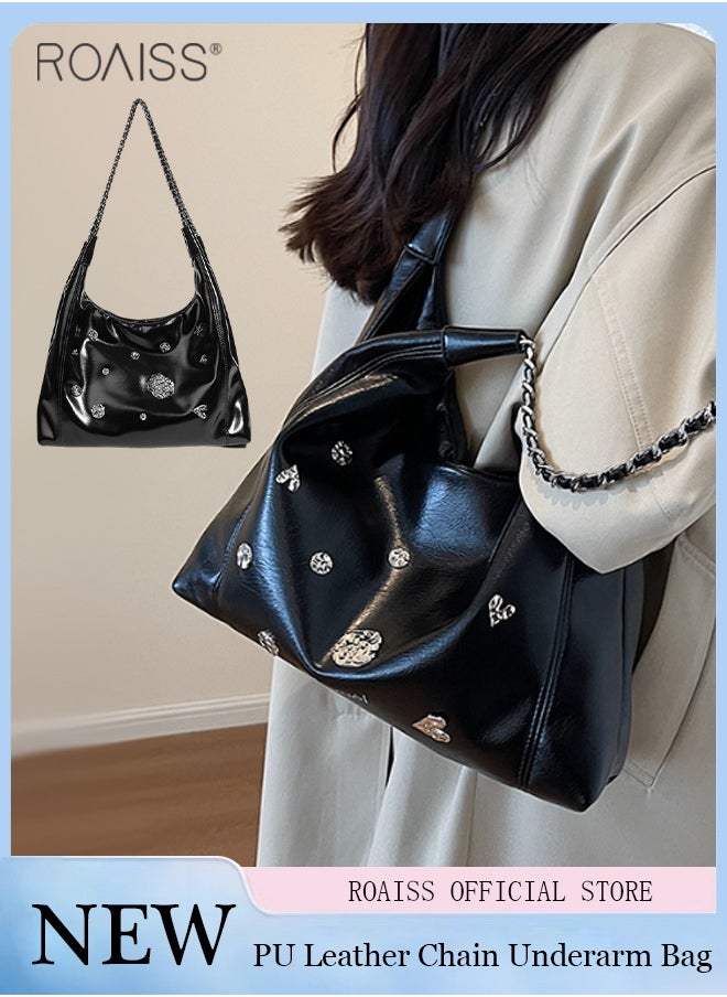 roaiss - Women's Pu Leather Metal Decorative Tote Bag Double Layer Chain Design With Large Capacity Underarm Bag Fashionable And Versatile Buckle Design Handbag - Image 1