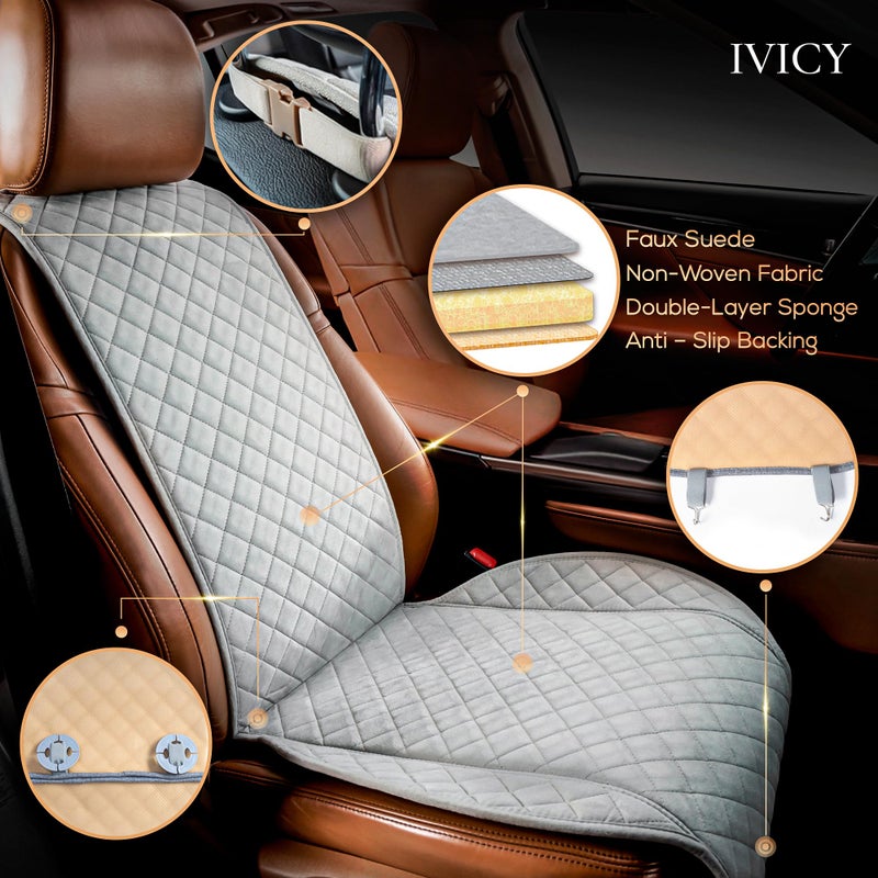 IVICY غطاء مقعد السيارة من IVICY مصنوع من جلد سويدي صناعي - ناعم وغير قابل للانزلاق - واقيات مقاعد السيارة الأمامية لمعظم السيارات، الفانات، SUVs، الشاحنات - 1 وحدة - رمادي فاتح - Image 2