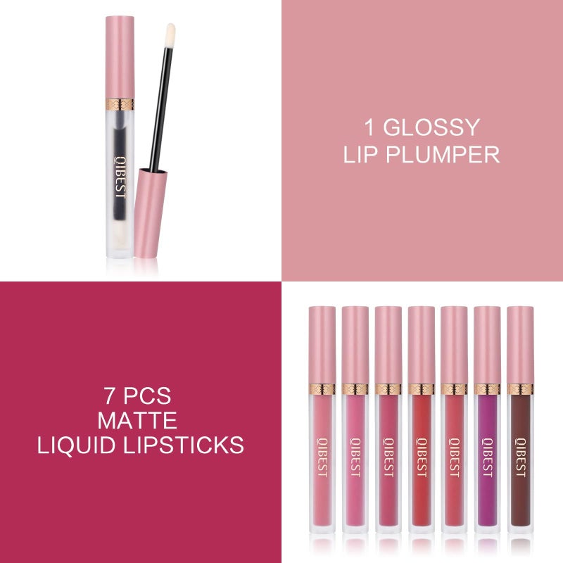 QiBest 7Pcs Matte Liquid Lipstick and 1Pcs Lip Plumper Makeup Set, Pigmented Waterproof Halloween Lip Make Up Valentine's Gift Lip Gloss Sets Long Wearing Velvet Lip Kit for Teens & Women - Image 2