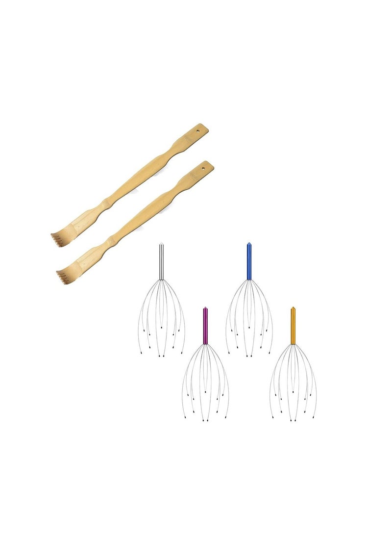 إكسفور أداة تدليك الظهر من خشب البامبو (قطعتان) ، مدلك فروة الرأس ، بخاخ تدليك الرأس باليد (4 قطع) - Image 1