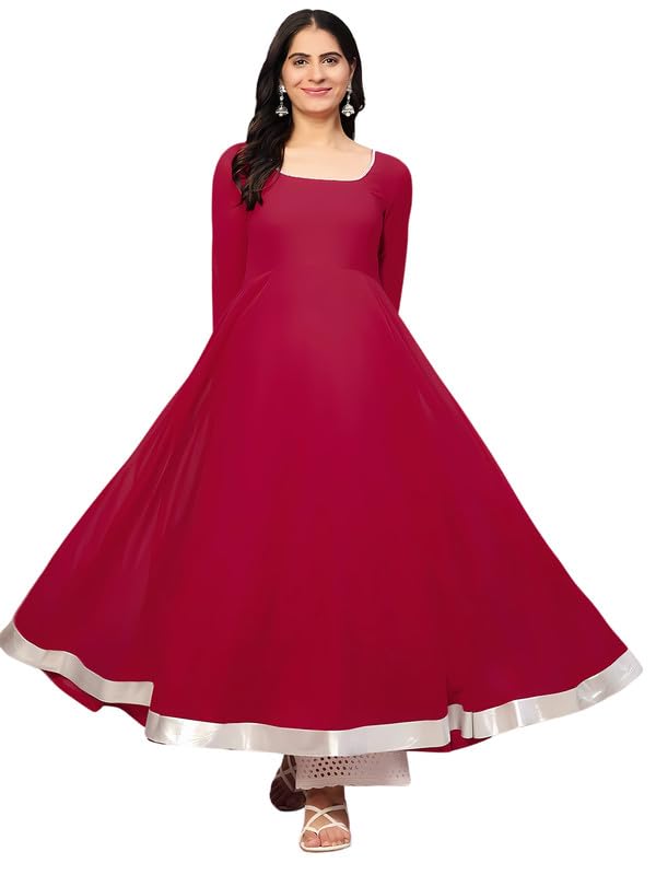KZA Women's Georgette Hand Embroidered Flared Anarkali Kurta Suit with Full Sleeves for Ethnic Wear Pink - Image 1