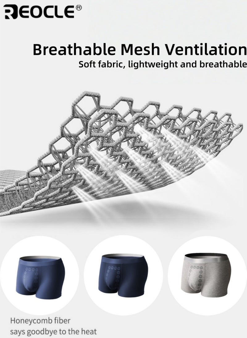 REOCLE 3PCS Men's 50s Ultra Fine Combed Cotton Underwear Set 3-Pack Breathable Mesh Design with Negative Ion Technology & Graphene Crotch Comfortable Functional Boxer Briefs for Daily Wear - Image 3