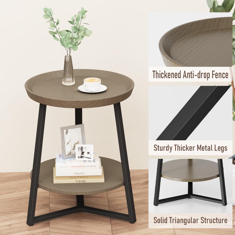 Gadroad Round End Table with Storage Shelf, 2 Tier Farmhouse Side Table Nightstand for Living Room, Bedroom, Wood Tabletop & Black Metal Frame, Walnut Color 15.7 * 15.7 * 23.0inches - Image 3