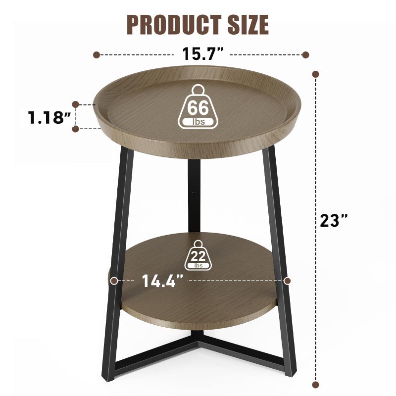 Gadroad Round End Table with Storage Shelf, 2 Tier Farmhouse Side Table Nightstand for Living Room, Bedroom, Wood Tabletop & Black Metal Frame, Walnut Color 15.7 * 15.7 * 23.0inches - Image 2