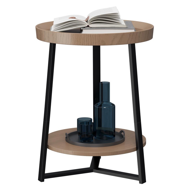 Gadroad Round End Table with Storage Shelf, 2 Tier Farmhouse Side Table Nightstand for Living Room, Bedroom, Wood Tabletop & Black Metal Frame, Walnut Color 15.7 * 15.7 * 23.0inches - Image 1